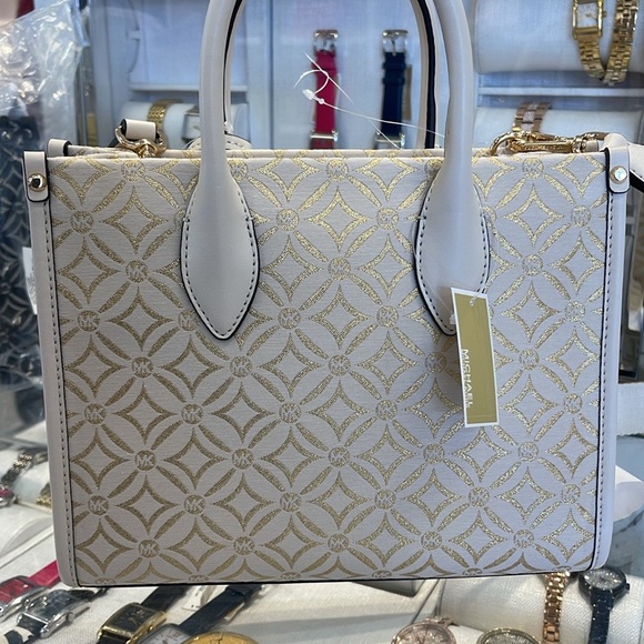 Michael Kors Mirella Small Metallic Logo Jacquard Crossbody Bag
Light Cream 
NWT - Picture 13 of 16